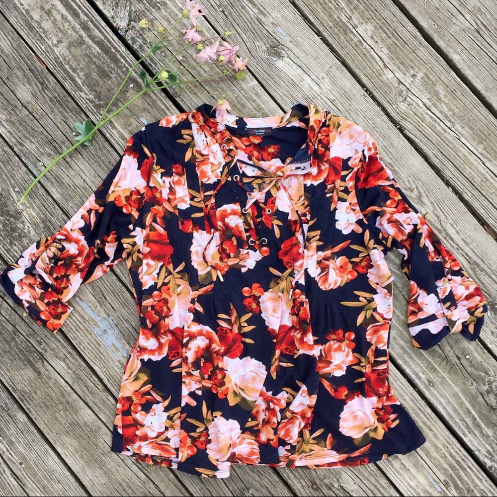 Navy floral lace-up long sleeve tunic
